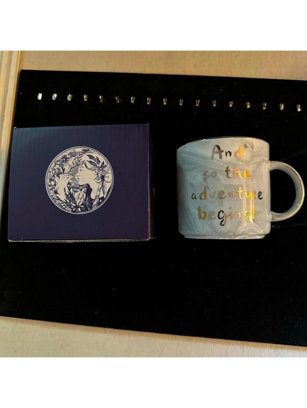 SWGGLO black and white marbleized mug - "Let the adventure Begin" NIB